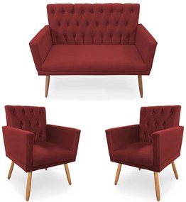 Kit 2 Poltronas 1 Namoradeira Clara Capitonê Pés Palito Suede Vermelho - Sheep Estofados