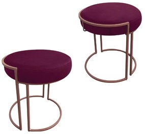 Puff Redondo Base Industrial Cobre Kit 2 Love Suede - Vinho