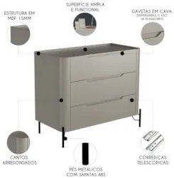 Cômoda Quarto 97cm Solteiro 3 Gavetas Becca Grigio/Preto I06 - Mpozena