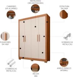 Guarda Roupa Solteiro 154cm Com 4 Portas Brasid Freijó/Off C01 - Mpoze