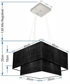 Lustre Pendente Duplo Quadrado Vivare Md-4157 Cúpula em Tecido 40x35cm Preto - Bivolt