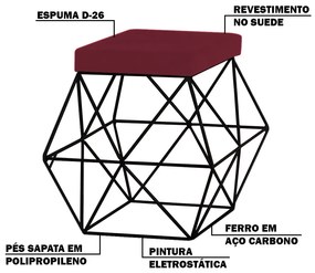 Puff Decorativo Sala de Estar Base Preto Trixie Suede Bordô G41 - Gran Belo