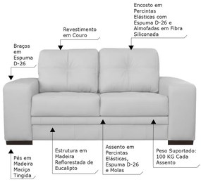 Sofá 2 Lugares Sala de Estar Milano 170cm Couro Branco G58 - Gran Belo
