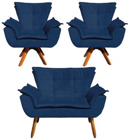Sofá Namoradeira e 2 Poltronas Giratória MM30 Opala Suede D03 - D'Rossi - Azul Marinho