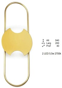 Arandela Coneto Oval Central 04X20X54Cm 2Xled 5,5W 2700K - Old Artisan... (DOURADO FOSCO / DOURADO BRILHO, 110V)