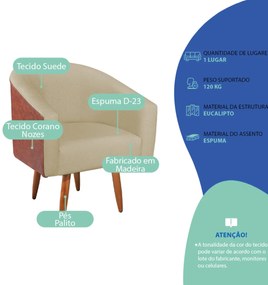 Poltrona Jade Decorativa Moderna Sala de Estar Quarto Escritório Conforto Corano Nozes e Suede Pés Palito