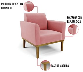 Kit 2 Poltronas Base de Madeira Fixa Castanho Marisa Suede - Rose