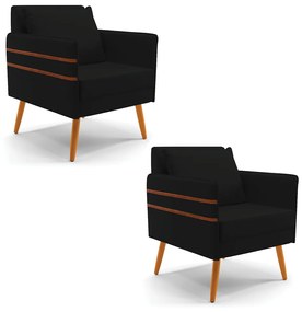 Kit 02 Poltronas Mari Linho Pés Palito Castanho D03 - D'Rossi - A79 Preto