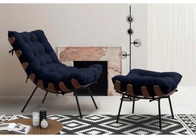 Puff Decorativo Sala de Estar Abel Base de Madeira Preto Veludo Azul G41 - Gran Belo