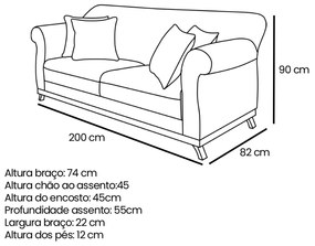 Sofá 3 Lugares Pé de Madeira Julieta 200 cm Linho S04 - D'Rossi - Grigio