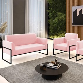 Sofá Namoradeira com Poltrona Base Industrial Alta Preto Marisa Suede D03 - D'Rossi - Rosa Bebê