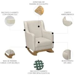 Poltrona Amamentação Base Madeira Balanço Vick Linho Bege F03 - Mpozen