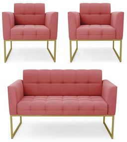 Kit 1 Sofá Namoradeira e 2 Poltronas Elisa Suede Rosê Base Metálica Industrial Dourado - D'Rossi