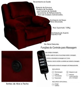 Poltrona do Papai Reclinável Elétrica com Massagem Magnum Veludo Vinho G23 - Gran Belo
