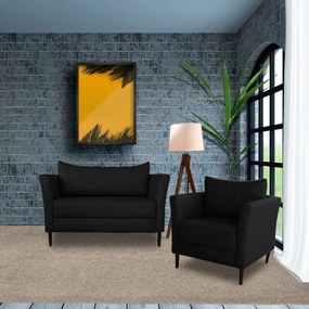 Conjunto Sofá 2 Lugares com Poltrona Pés Palito Lubbock Couro Preto G58 - Gran Belo