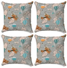 Kit 04 Capas para Almofada Tecido Estampado Mapa Mundi D75 42x42 cm - D'Rossi