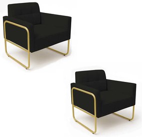 Poltrona Sala Industrial Alta Tubo Dourado Kit 2 Elisa Linho D03 - D'Rossi - Preto