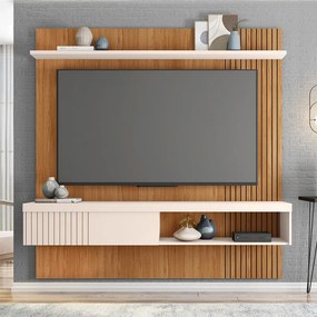 Painel Selina Ripado 180cm para TV até 65 com Porta de Correr e Prateleira MDP Freijo/OffWhite G11 - Gran Belo