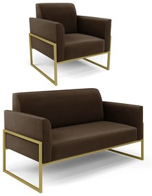 Sofá Namoradeira com Poltrona Base Industrial Alta Dourado Marisa Suede D03 - DRossi - Marrom