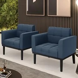 Poltrona Base Madeira Preto Kit 2 Ana Suede Azul Marinho - Ibiza