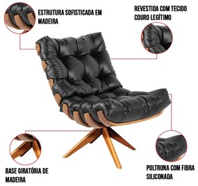 Poltrona Giratória Costela Couro Legítimo Base de Madeira MA30 M11 - D'Rossi - Preto