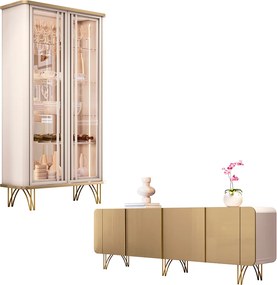 Conjunto Cristaleira Buffet LED Portas de Vidro Texas/Virginia Off White/Champagne G26 - Gran Belo