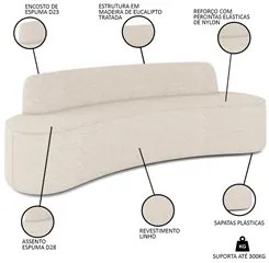 Sofá 3 Lugares para Sala de Estar Living 210cm Koane D06 Linho Pérola