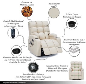 Poltrona do Papai Arcane Giratória Reclinável Sala de Estar Massagem Manual Aquecimento PU Bege G94 - Gran Belo