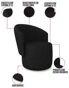 Sofá Namoradeira e 2 Poltronas Orgânica para Sala Malu Linho M11 - D'Rossi - Preto