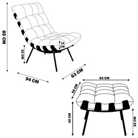 Poltrona e Puff Decorativos Sala de Estar Costela Base Preta Couro Marrom G34 - Gran Belo
