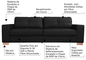Conjunto Sofá Sala de Estar kenny Pés Madeira Couro Preto G43 - Gran Belo