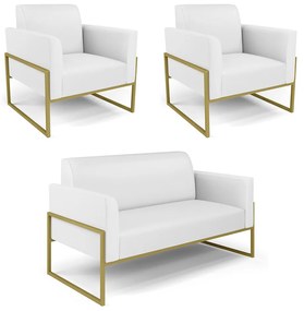 Sofá Namoradeira com 2 Poltronas Base Industrial Alta Dourado Marisa Corino D03 - D'Rossi - Branco