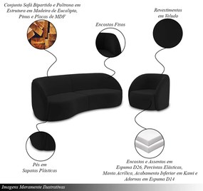 Conjunto Sofá Sala de Estar Bipartido 288cm e 2 Poltronas Clarke Veludo Preto G45 - Gran Belo