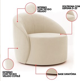 Sofá 3 Lug Orgânico180cm Morgan e Poltrona Giratória Lua Cotelê/Veludo Bege D03 - D'Rossi