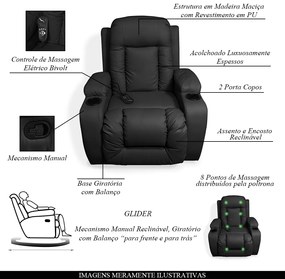 Poltrona do Papai Reclinável Sala de Cinema Massagem Balanço Giratória Austin PU Preto G31 - Gran Belo