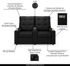 Poltrona do Papai Reclinável Sala de Cinema Movie 2 Lugares Manual Baú USB Veludo Preto G23