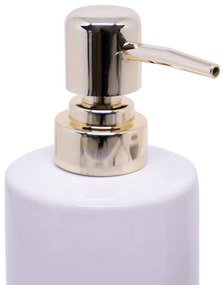 Kit Banheiro 01 Porta Sabonete Liquido e 01 Porta Escova em Cerâmica Branco e Dourado - D'Rossi