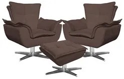 Kit 2 Poltronas Decorativas Base Giratória Cromada com Puff Opla Suede