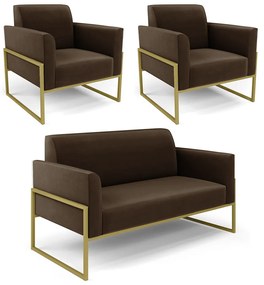 Sofá Namoradeira com 2 Poltronas Base Industrial Alta Dourado Marisa Suede D03 - D'Rossi - Marrom