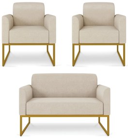 Sofá Namoradeira com 2 Poltronas Base Industrial Dourado Marisa Linho D03 - D'Rossi - A27 Areia