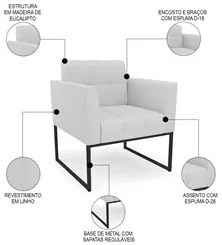Poltrona Base Industrial Preto Kit 2 Ana Linho Cinza - Ibiza