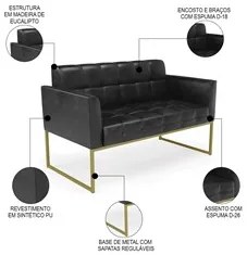 Sofá Namoradeira Base Industrial Dourado Ana Sintético PU Preto - Ibiz