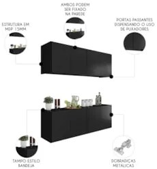 Armário de Cozinha e Balcão Suspenso 118cm Monna Preto Z34  - Mpozenat