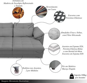 Sofá Retrátil Manual Sala de Estar Nolan Bipartido 414cm Conforto Premium em Couro Cinza G58 - Gran Belo