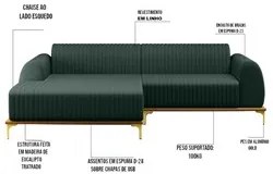 Sofá 230cm 4 Lugares com Chaise Esquerdo Pés Gold Molino C-117 Linho V