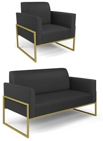 Sofá Namoradeira com Poltrona Base Industrial Alta Dourado Marisa Corino D03 - D'Rossi - Preto