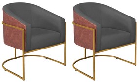 Kit 02 Poltronas Luiza Base de Ferro Dourado Corano Nozes e Linho Chumbo - ADJ Decor