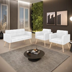 Kit 1 Sofá Namoradeira e 2 Poltronas Elisa Corano Branco Pés Palito Natural - D'Rossi