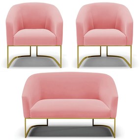 Namoradeira e 2 Poltronas Base Industrial Dourado Stella Suede D03 - D'Rossi - Rose