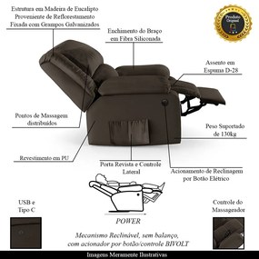 Poltrona do Papai Reclinável Sala de Cinema Madrid Power Elétrica Massagem USB PU Marrom  G23